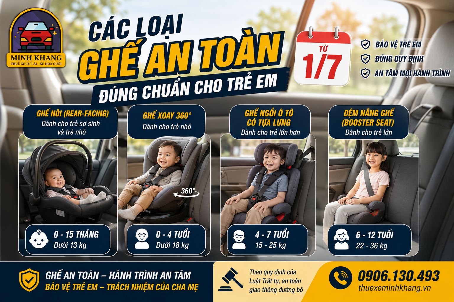 Các loại ghế an toàn đúng chuẩn cho trẻ em từ 1/7
