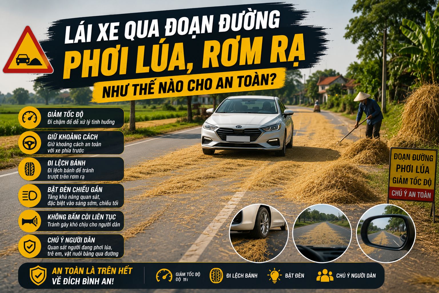 Lái xe qua đoạn đường phơi lúa, rơm rạ như thế nào cho an toàn?