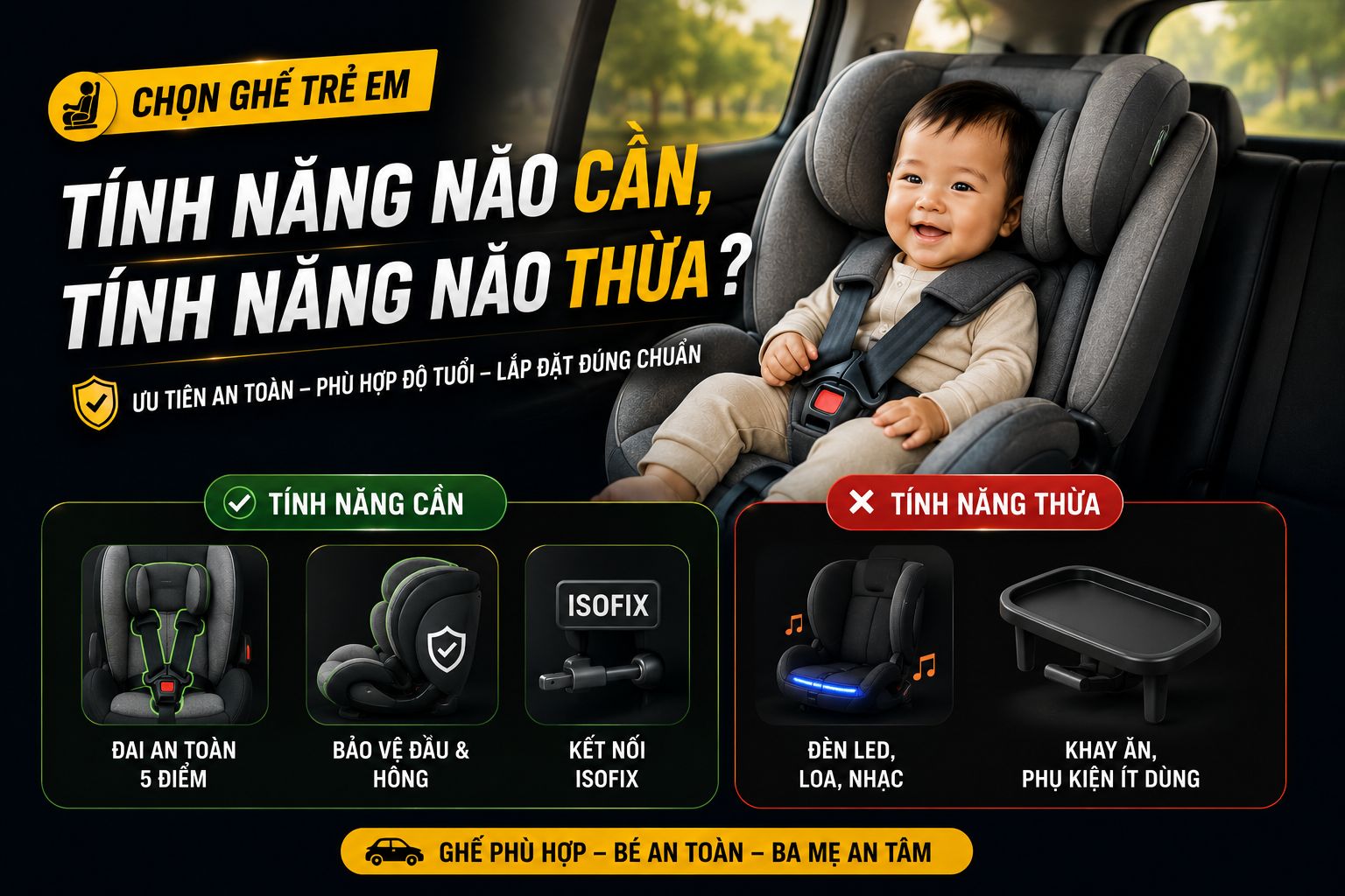 Chọn ghế trẻ em: Tính năng nào cần, tính năng nào thừa?